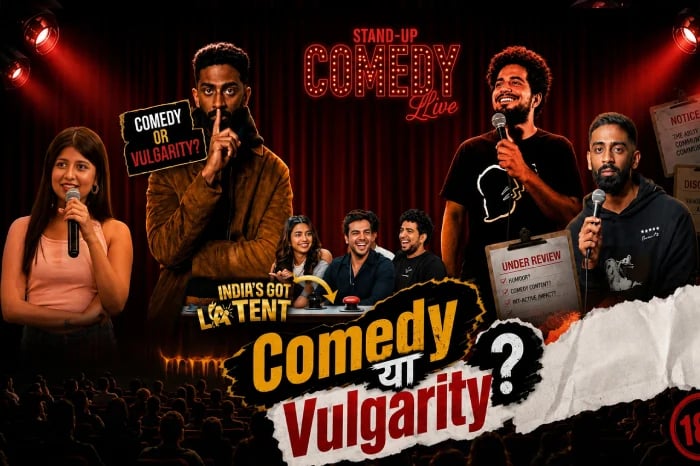 Promotional collage reading “Comedy या Vulgarity?” with stand-up comedians on stage; it does not show the Ujjain Moharram vehicle blast.