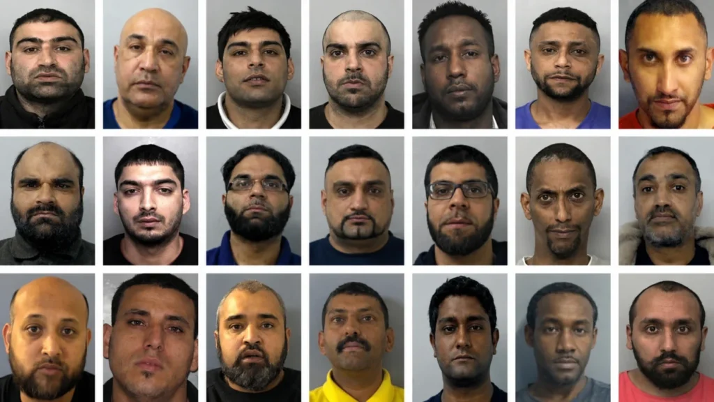 Collage of police-style headshots of multiple adult men, used for a World and Bharat article on Britain’s grooming-gang inquiry and institutional failures.