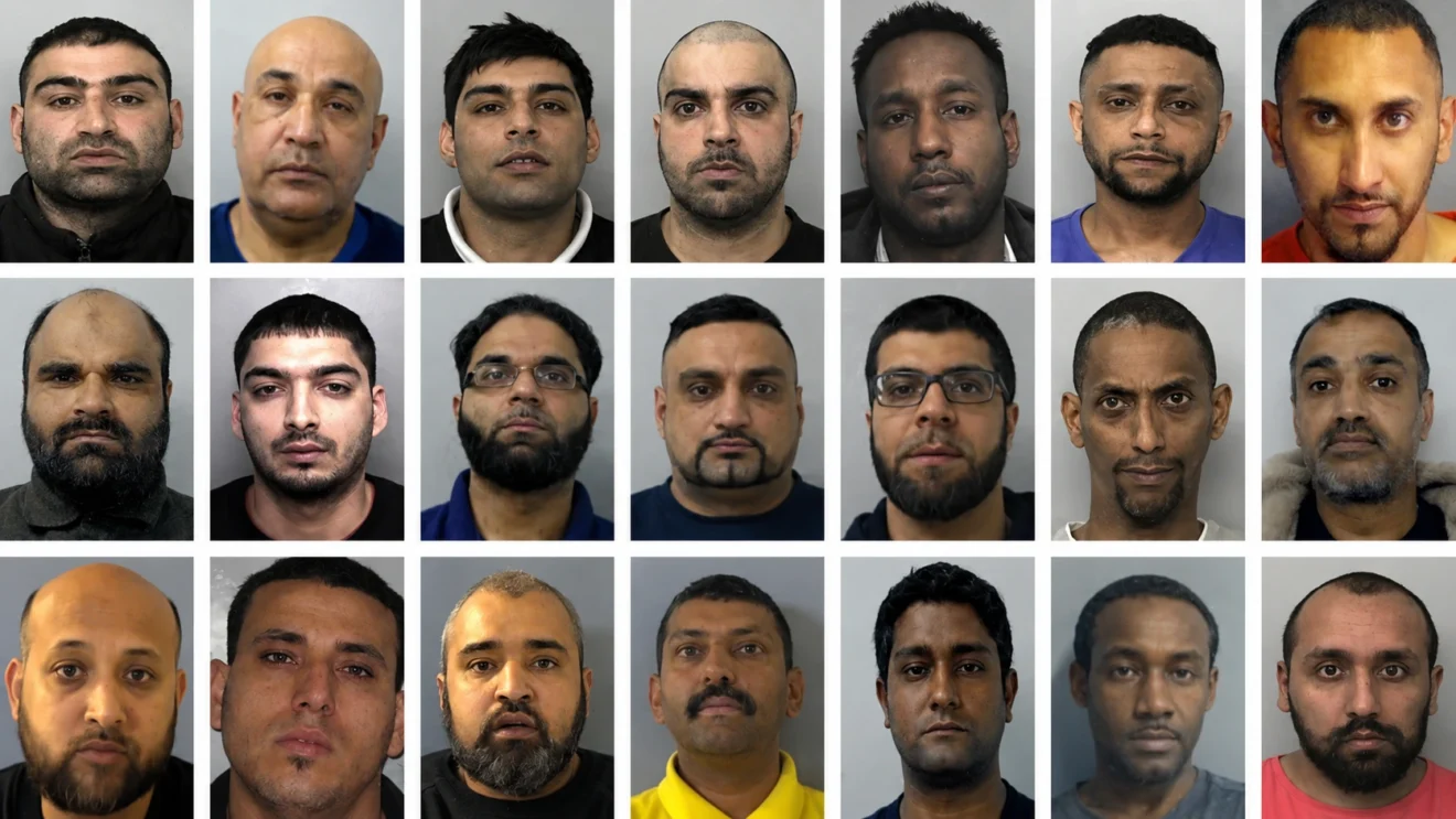 Collage of police-style headshots of multiple adult men, used for a World and Bharat article on Britain’s grooming-gang inquiry and institutional failures.