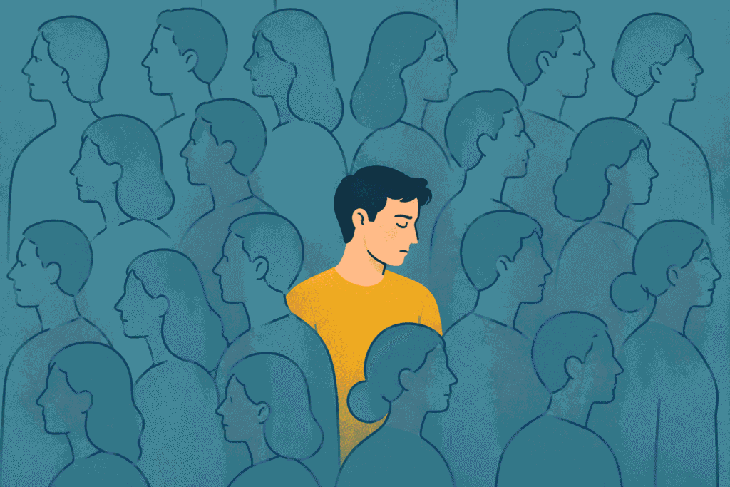 Illustration of a lonely person in a yellow shirt among blue outlined profiles, capturing feeling different, outside, and longing to belong, be seen, and valued.