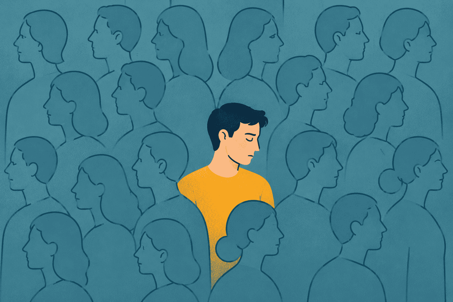 Illustration of a lonely person in a yellow shirt among blue outlined profiles, capturing feeling different, outside, and longing to belong, be seen, and valued.