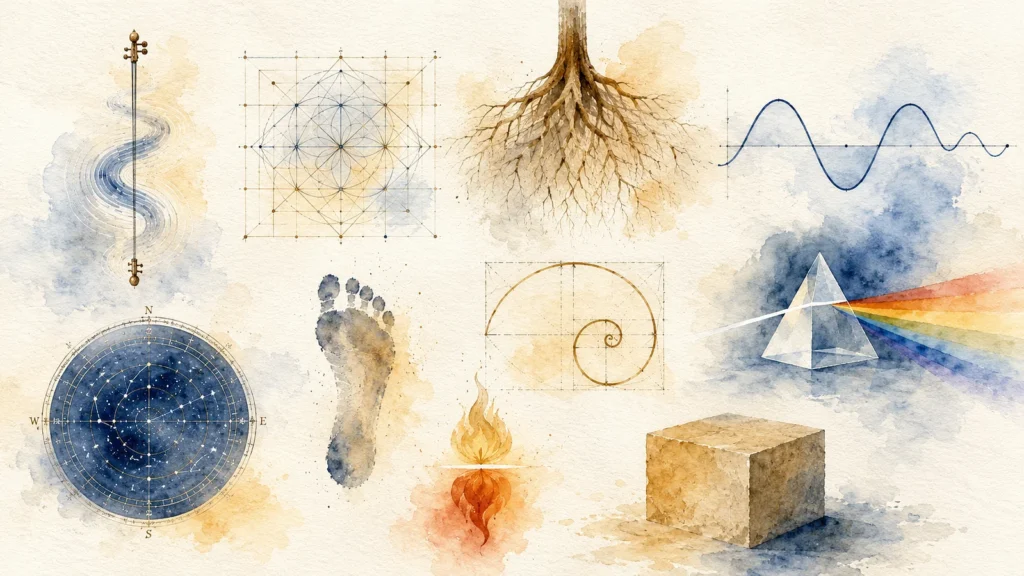 Watercolor collage of Bharatiya knowledge symbols: sacred geometry, roots, sound wave, prism, star chart, footprint, flame, and cube for Dharma in Bharat.