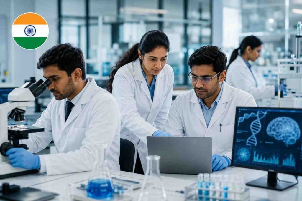 Indian researchers in a modern laboratory with an India flag icon, representing Bharat science, PM Research Chair Scheme and efforts to reverse brain drain