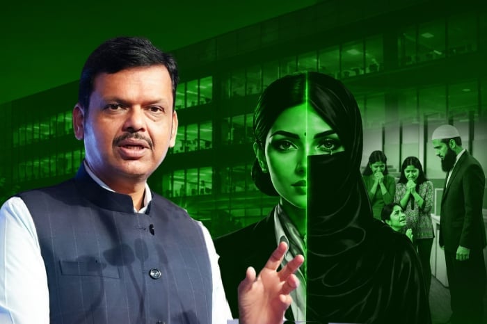 Maharashtra CM Devendra Fadnavis beside a green composite of a veiled woman and office staff, illustrating anti-conversion law reform debate.