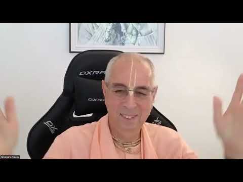 English video thumbnail of a smiling spiritual speaker in peach robes, hands raised, for June 28, 2026 Hungary talk on Dhirasanta Goswami and Bhag. 3.7.8