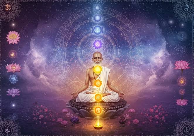 Meditating Hindu sage with glowing chakras, lotus flowers, Om symbols, and cosmic mandala, illustrating moksha in Dharma and Religion of Bharat