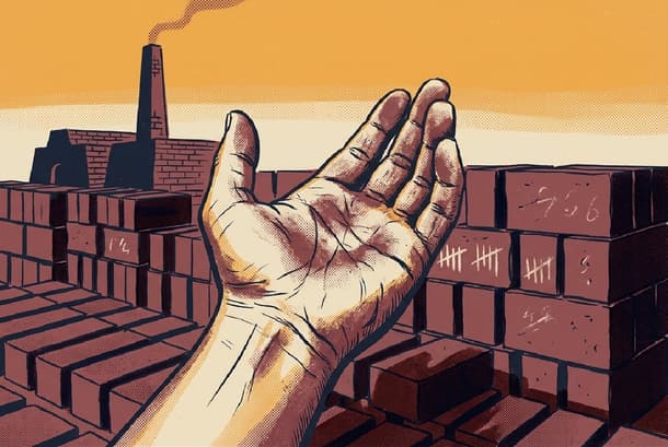 Illustration of an open worker's hand before brick kiln stacks and a smoking chimney, symbolizing bonded labour in Punjab under Bharat Law & Policy.