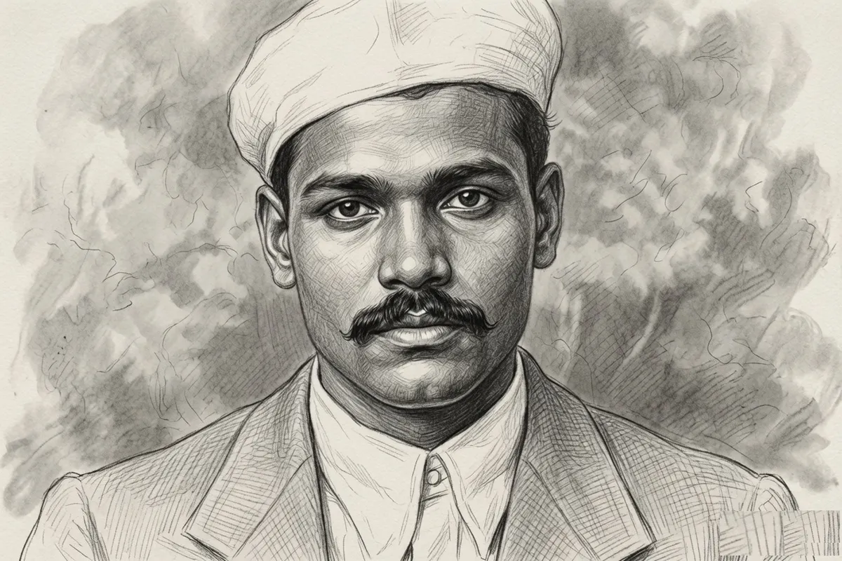 Pencil portrait of Ramnath Goenka, Indian media figure, shown in a cap and suit, evoking Bharat's 1975 Emergency press freedom struggle.