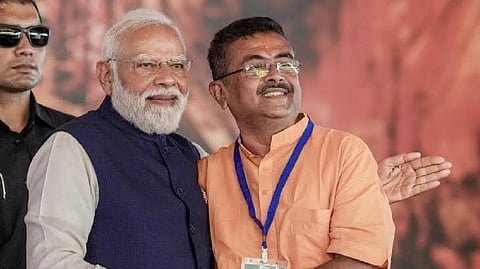 Prime Minister Narendra Modi with West Bengal BJP leader Suvendu Adhikari at a public political event in Bharat, linked to Sonar Bangla politics.