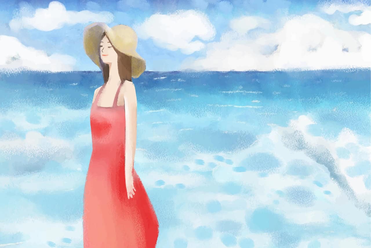 Watercolor woman in a red summer dress and sunhat standing by ocean waves, symbolizing mental health, support, and healing from anxiety and depression.
