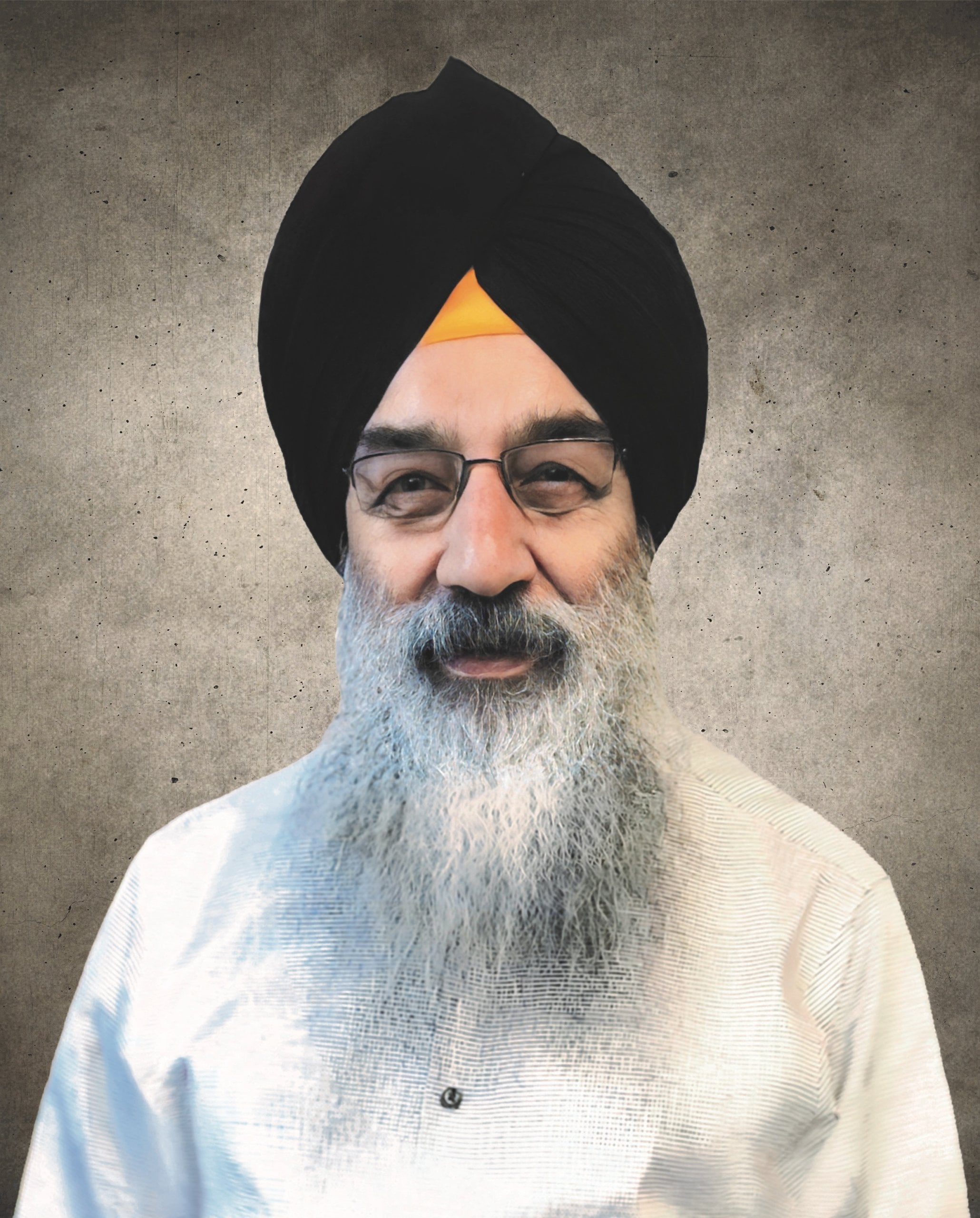 Portrait of S. Kuldeep Singh Ji wearing a black turban, glasses, white kurta, and long grey beard, remembered as a Gurmat camp pioneer.