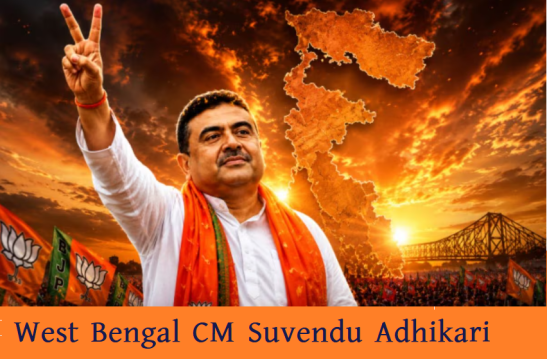 Suvendu Adhikari raises a victory sign before a fiery West Bengal map, BJP flags and rally crowd, illustrating Hindutva in Bengal for Hindu Existence.
