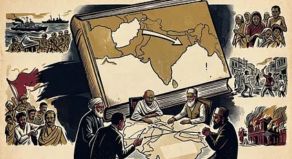 Stylized illustration of Gandhi-era political figures around a map of India, with crowds, unrest, fire, and colonial conflict scenes