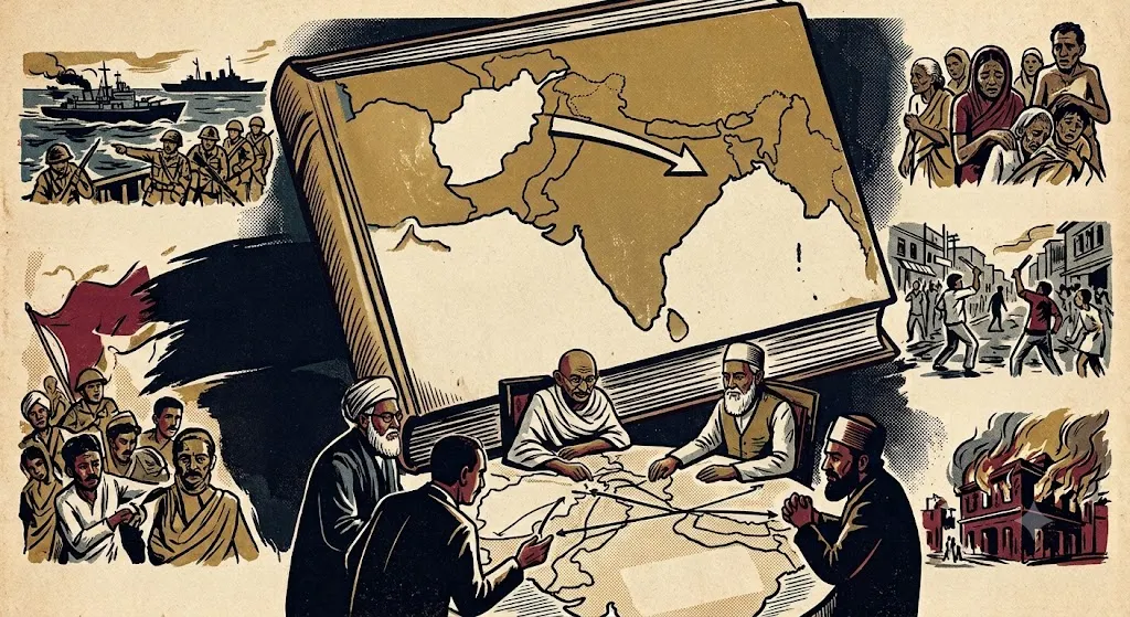Vintage-style illustration of Gandhi and leaders studying maps of India and Afghanistan, with soldiers, unrest, refugees, and fire around them.