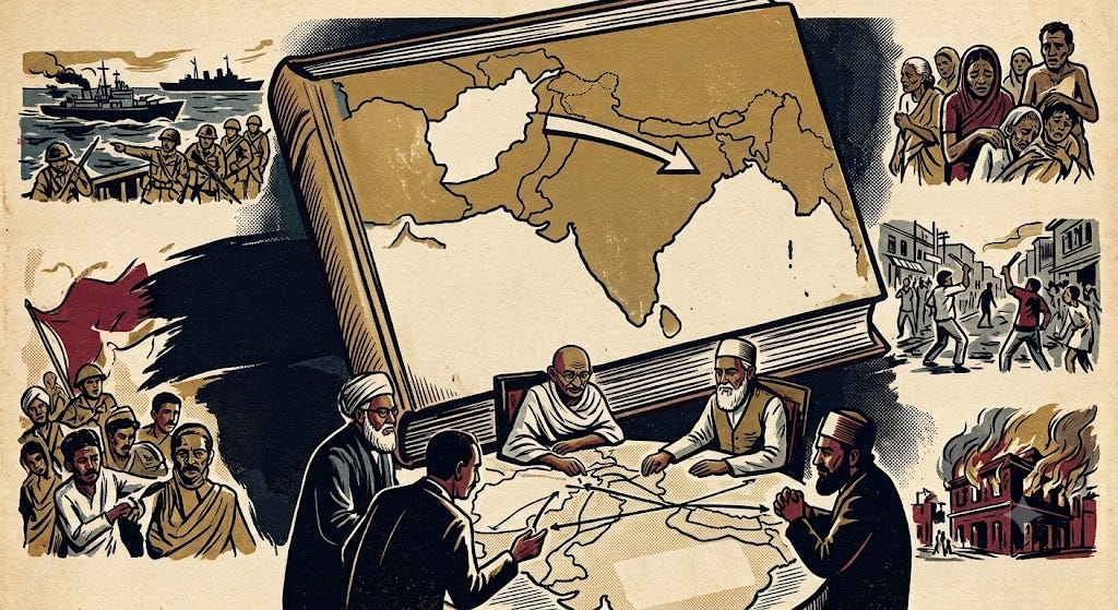 Vintage-style illustration of Gandhi and political figures studying maps of India and Afghanistan, with soldiers, crowds, unrest, and burning buildings.