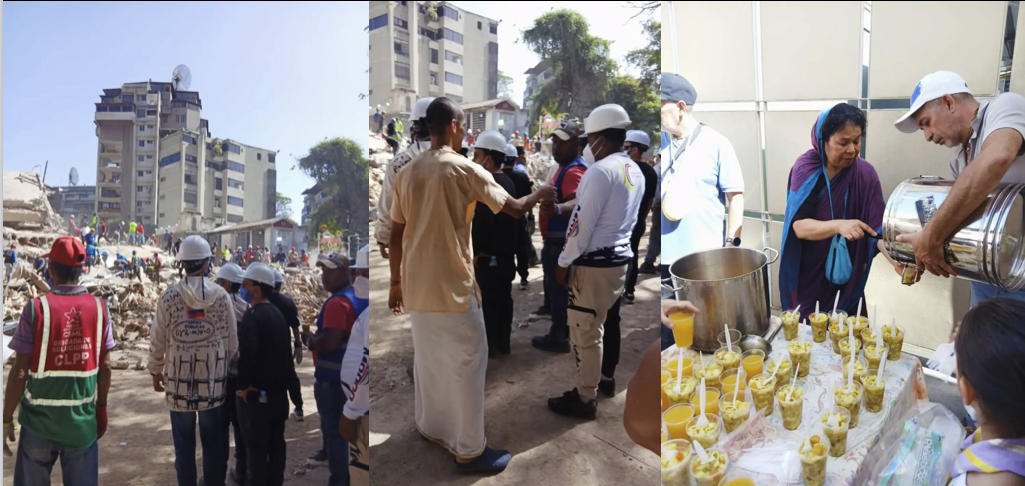 ISKCON Venezuela Food for Life earthquake relief volunteers near rubble and emergency responders, with prasadam meals and drinks served to affected families.