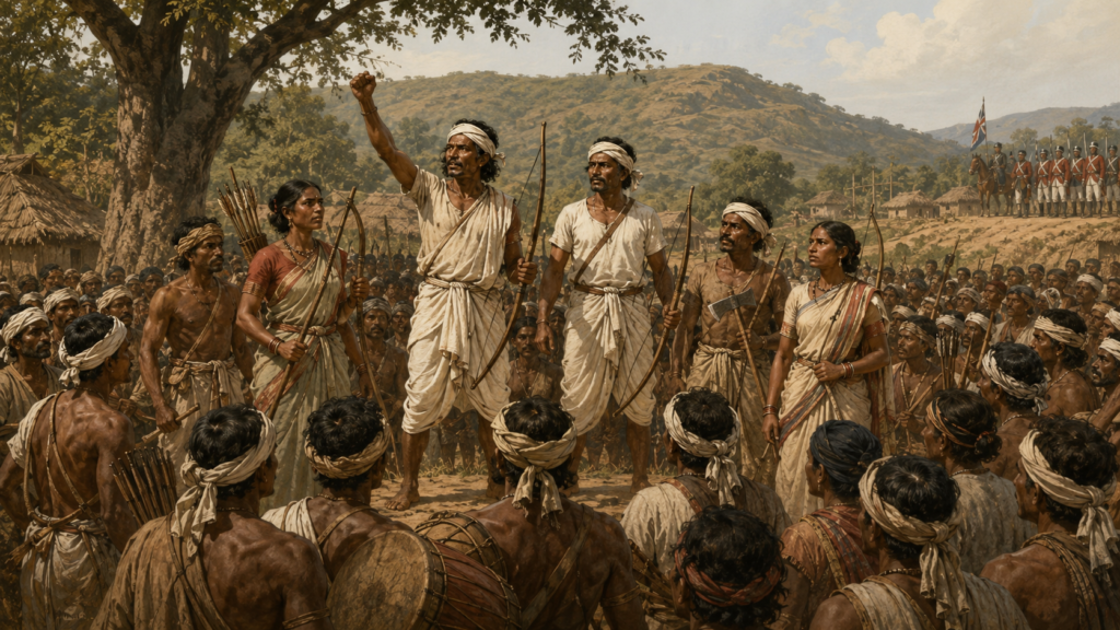Historical illustration of Santal Hul rebels with bows and axes rallying villagers as British colonial soldiers stand in the distance in eastern India.