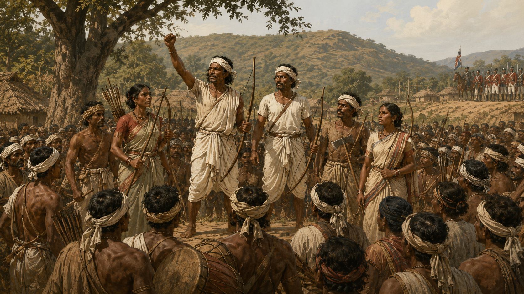 Historical illustration of Santal Hul rebels with bows and axes rallying villagers as British colonial soldiers stand in the distance in eastern India.