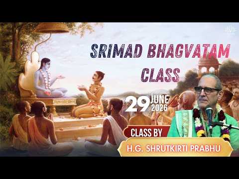 YouTube thumbnail for a Srimad Bhagavatam SB Class by H.G. Srutakirti Prabhu, showing devotional artwork, listeners, and speaker portrait.