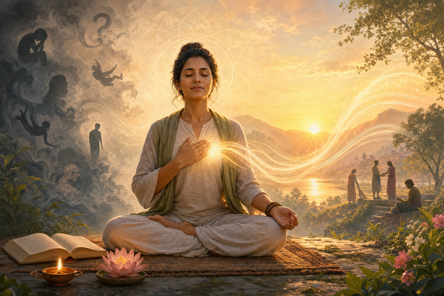 Meditator at sunrise with glowing breath, lotus, diya lamp, open book, and shadows dissolving into light