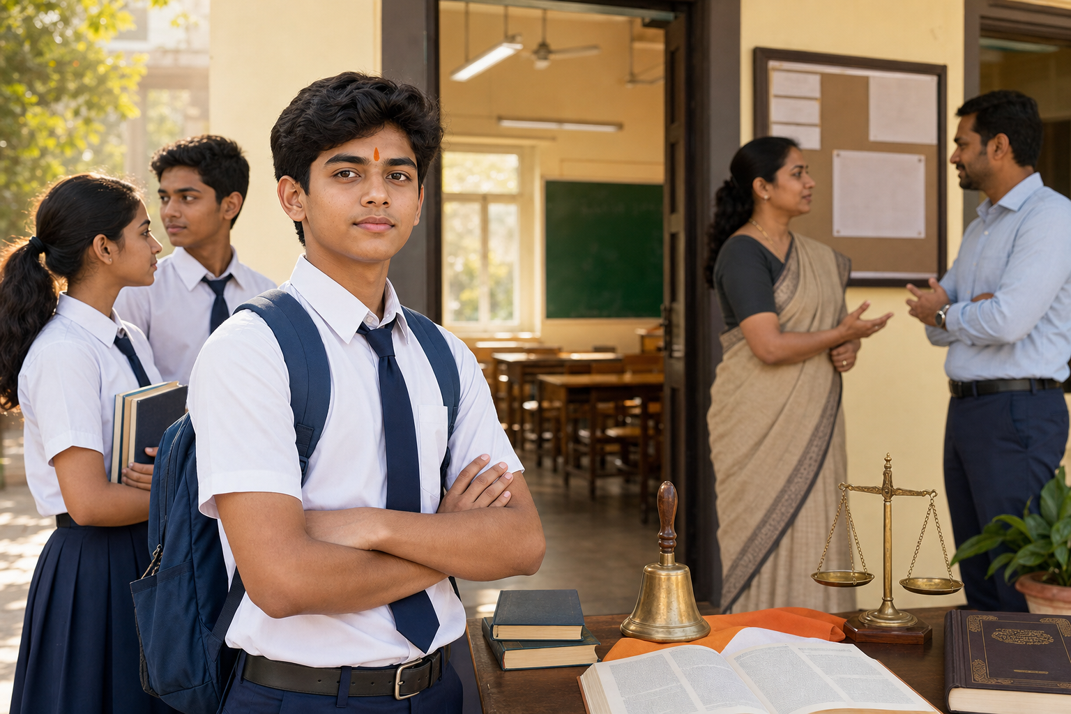 Indian school student with a subtle saffron tilak standing near a classroom doorway during a respectful policy discussion.