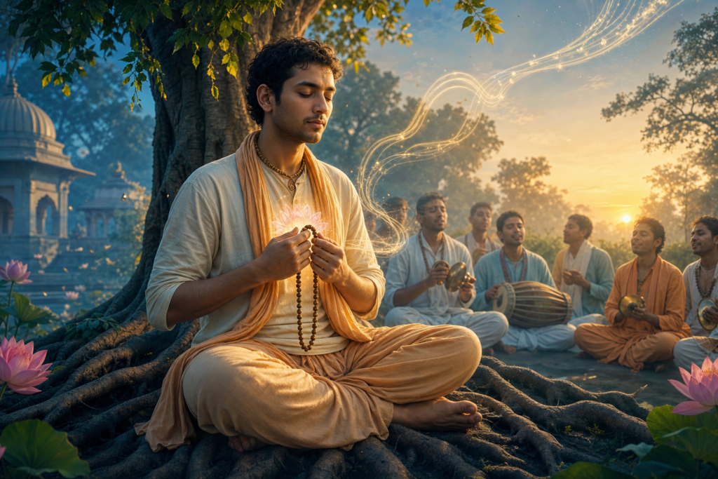 Bhakti practitioner meditating with mala beads as kirtana musicians chant in a dawn temple garden.