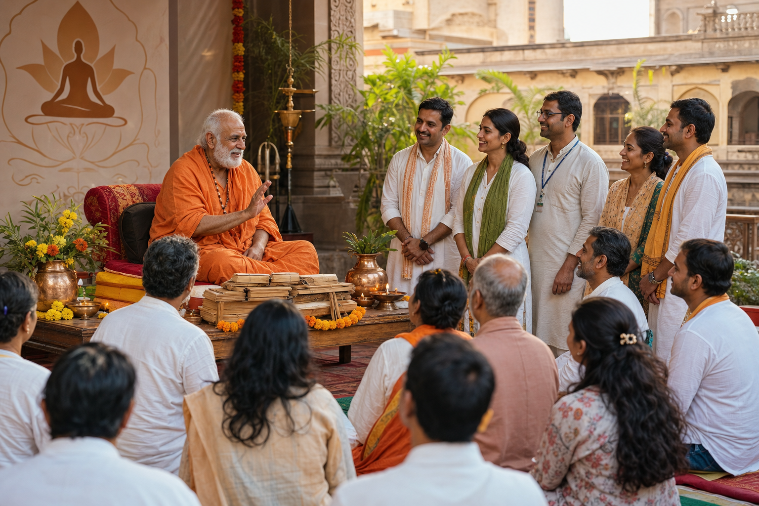 Elderly Hindu monk in saffron robes addressing volunteers at a Vedic wellness and cultural education gathering in Pune