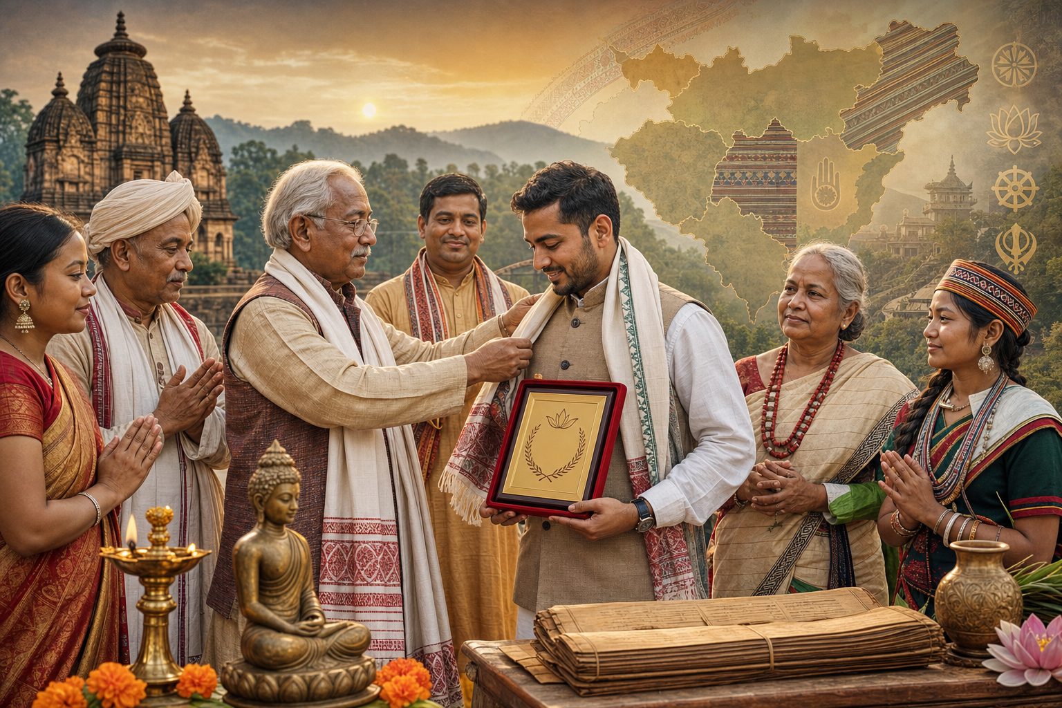 Cultural recognition ceremony in Ranchi with a volunteer receiving a shawl and award plaque