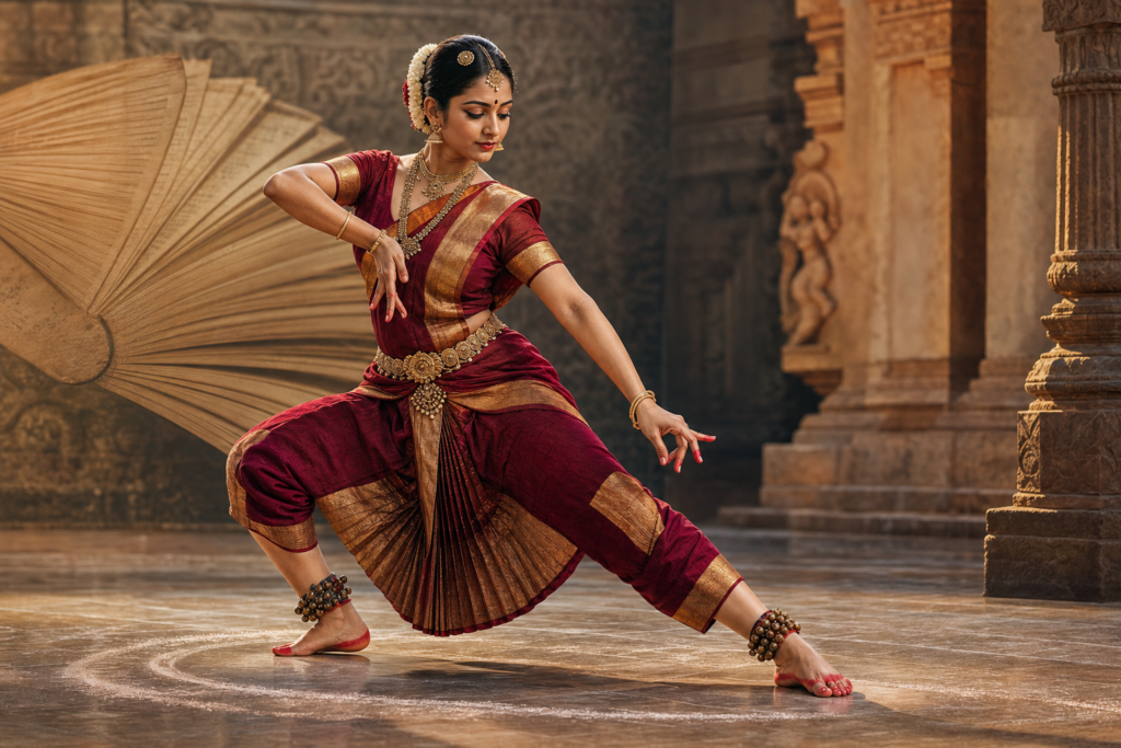 Indian classical dancer in maroon and gold costume performing a grounded Bharatanatyam-inspired stance in a temple setting