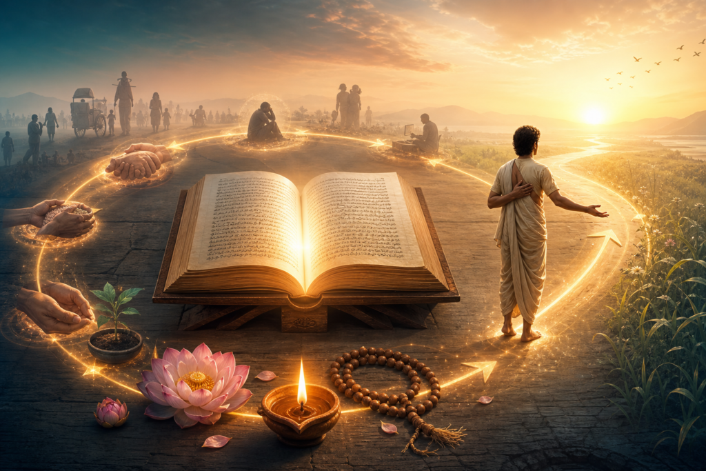 Open ancient scripture glowing beside a seeker and golden karma cycle at dawn