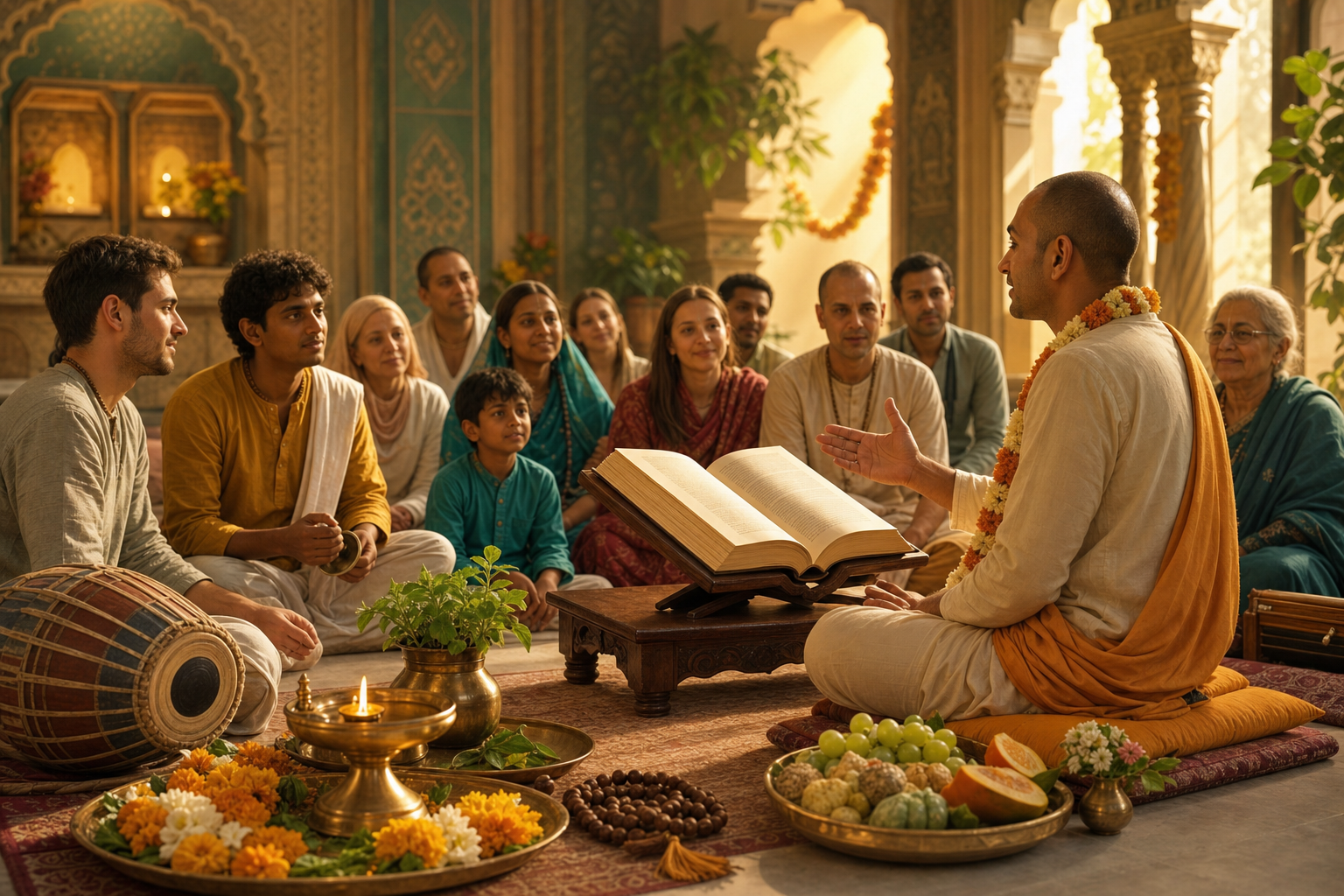 Gaudiya Vaishnava teacher leads devotees in Bhagavad Gita study inside a warm temple room.