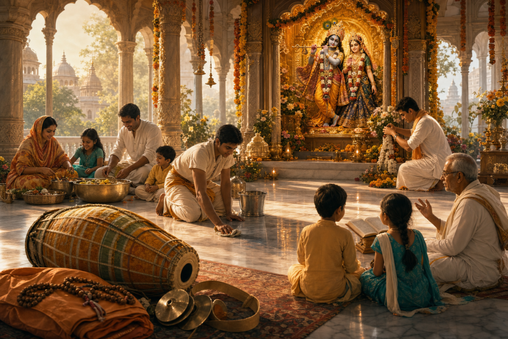 Devotees serving at a Krishna altar in a Vaishnava temple at dawn
