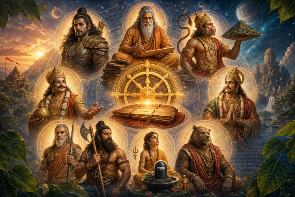 Digital mandala of the Nava Chiranjeevis surrounding a glowing palm-leaf scripture and golden dharma wheel.