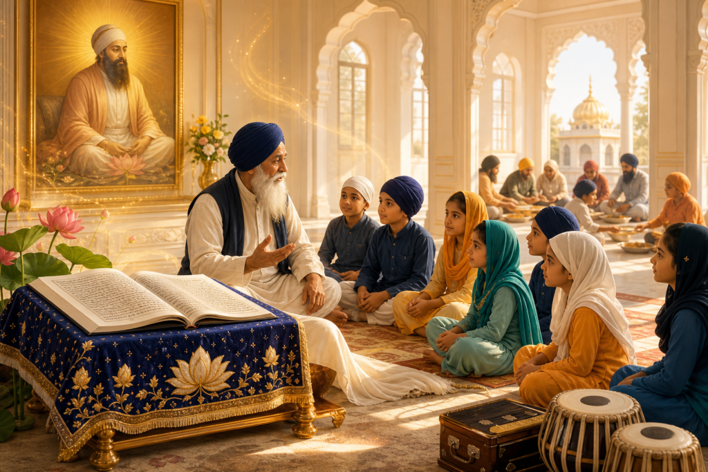 Elder Sikh teacher guiding children in a sunlit gurdwara classroom with scripture, kirtan instruments, and langar in the background.