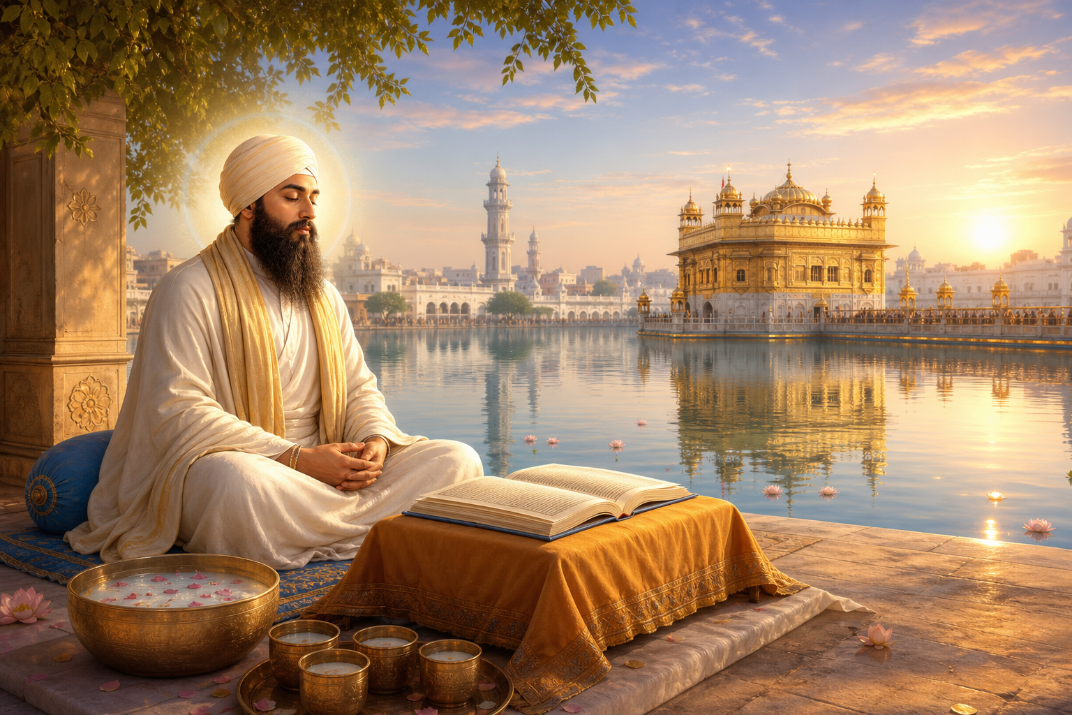 Guru Arjan Dev Ji meditating beside an open sacred manuscript with Harmandir Sahib reflected in calm water at sunrise.