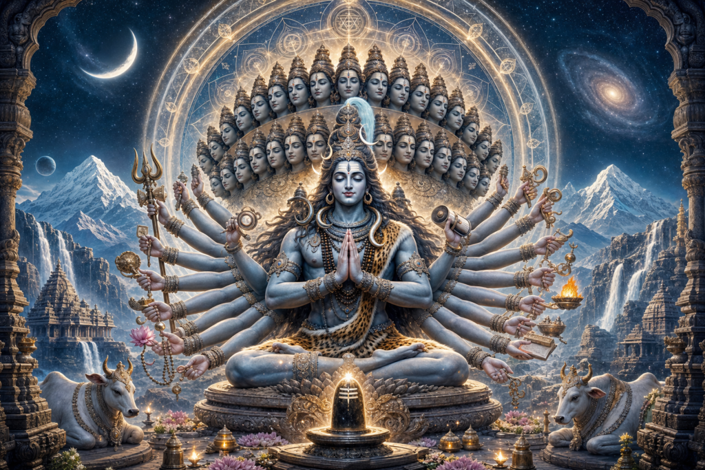 Maha Sadashiva in a cosmic temple with many serene faces and arms, sacred symbols, Mount Kailash, crescent moon, and glowing Shiva linga.