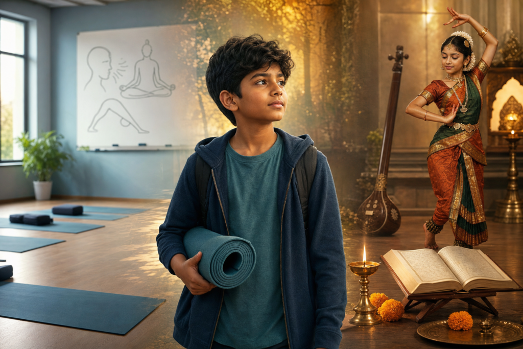 Indian diaspora child holding a yoga mat between a school yoga classroom and Hindu cultural heritage scene