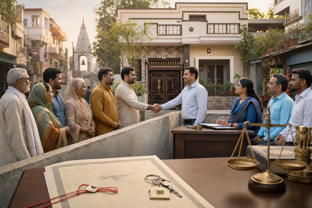 Indian neighbors shake hands across a boundary wall during a civic property discussion in Muzaffarnagar.