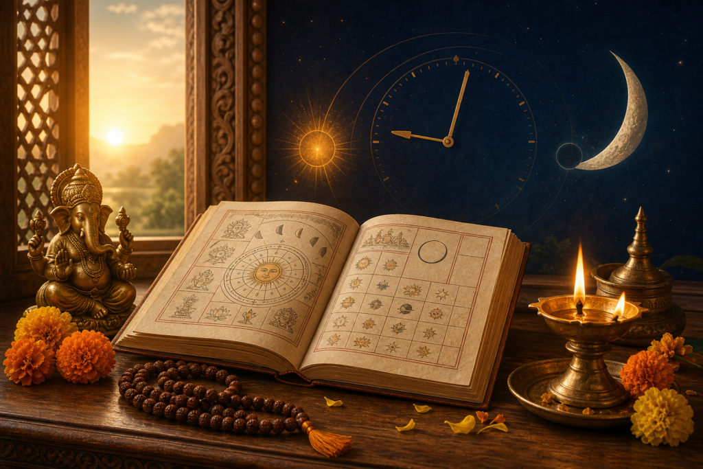Hindu Panchang almanac with diya lamp, Ganesha, marigolds, crescent moon, and clock motif for July 3, 2026