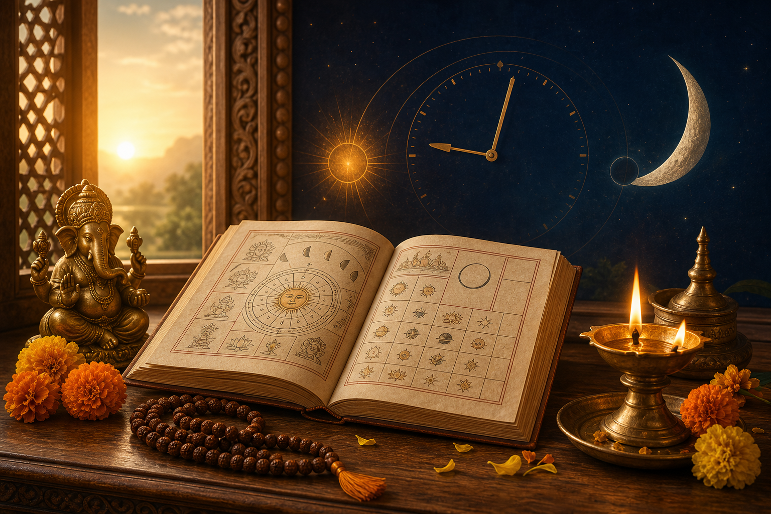 Hindu Panchang almanac with diya lamp, Ganesha, marigolds, crescent moon, and clock motif for July 3, 2026