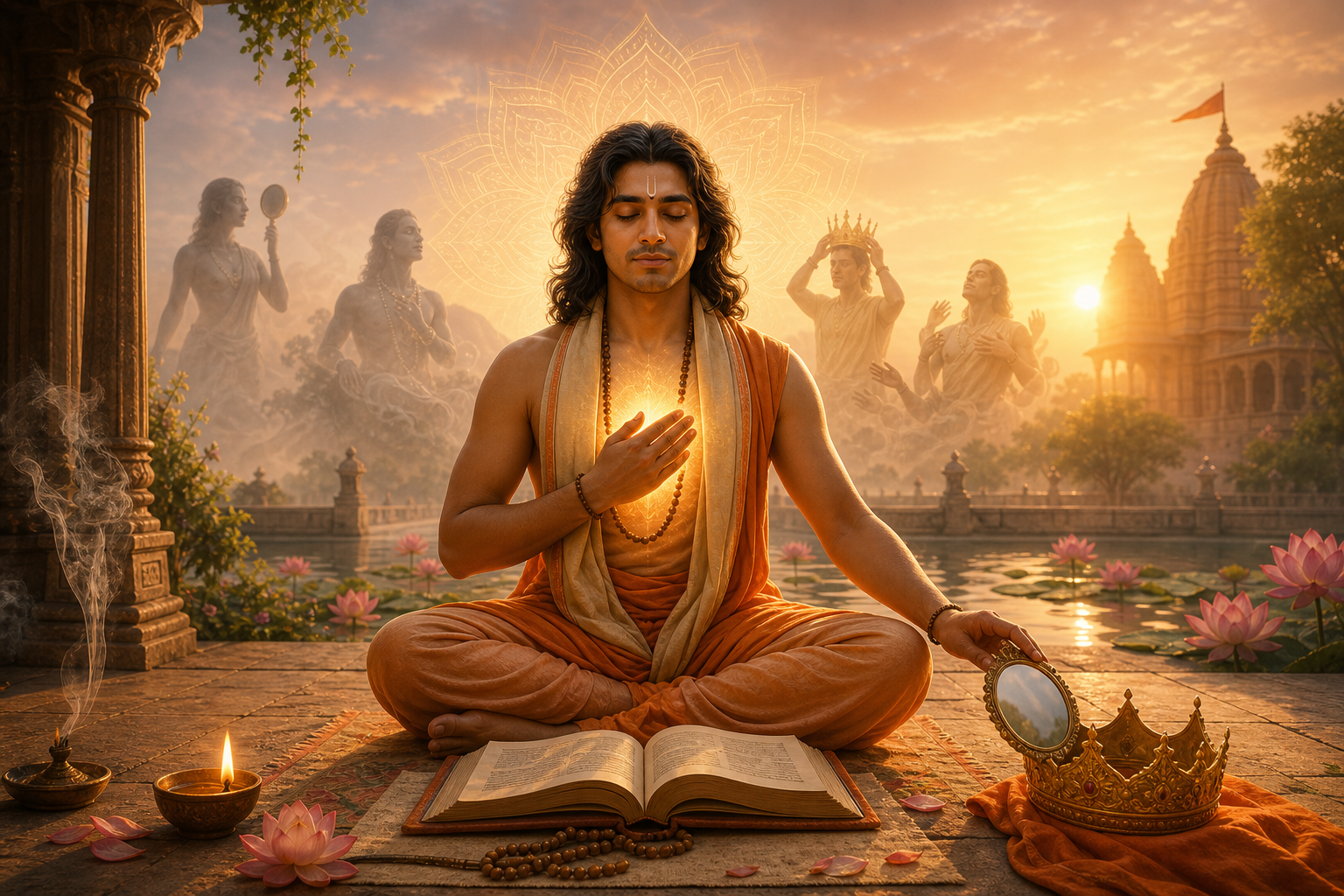 Hindu spiritual seeker meditating at sunrise with a glowing heart beside a temple lotus pond, open scripture, prayer beads, lamp, mirror, and crown.