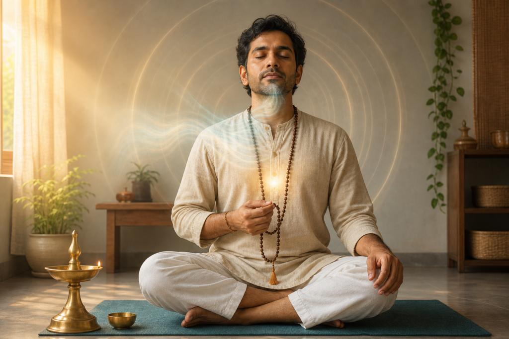 Meditation practitioner holding mala beads in a sunlit sacred space