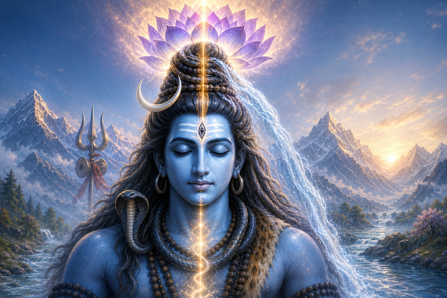 Lord Shiva as Gangadhara meditating with Ganga flowing from his hair, a glowing lotus crown, trishula, and Himalayan river valley.