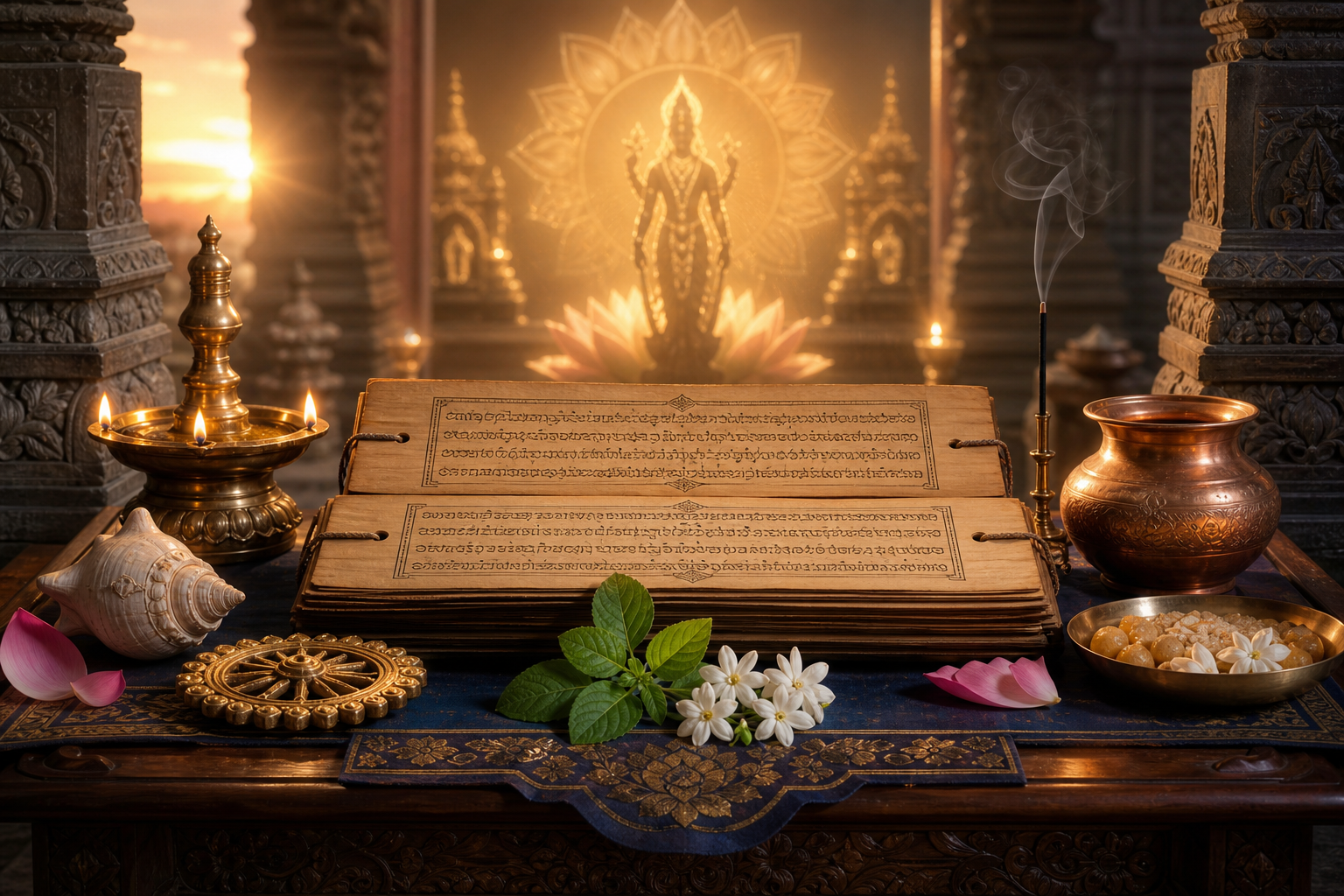 Ancient Vaishnava palm-leaf scripture on a temple altar with lamp, conch, tulsi, flowers, and Vishnu aura