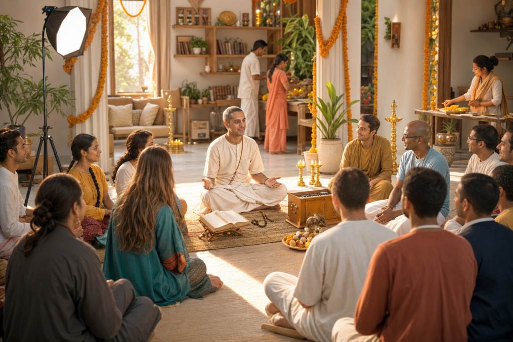 Vaishnava devotees gather for satsang with scripture, japa beads, kirtan instruments, lamps, and prasadam in a warm temple hall.