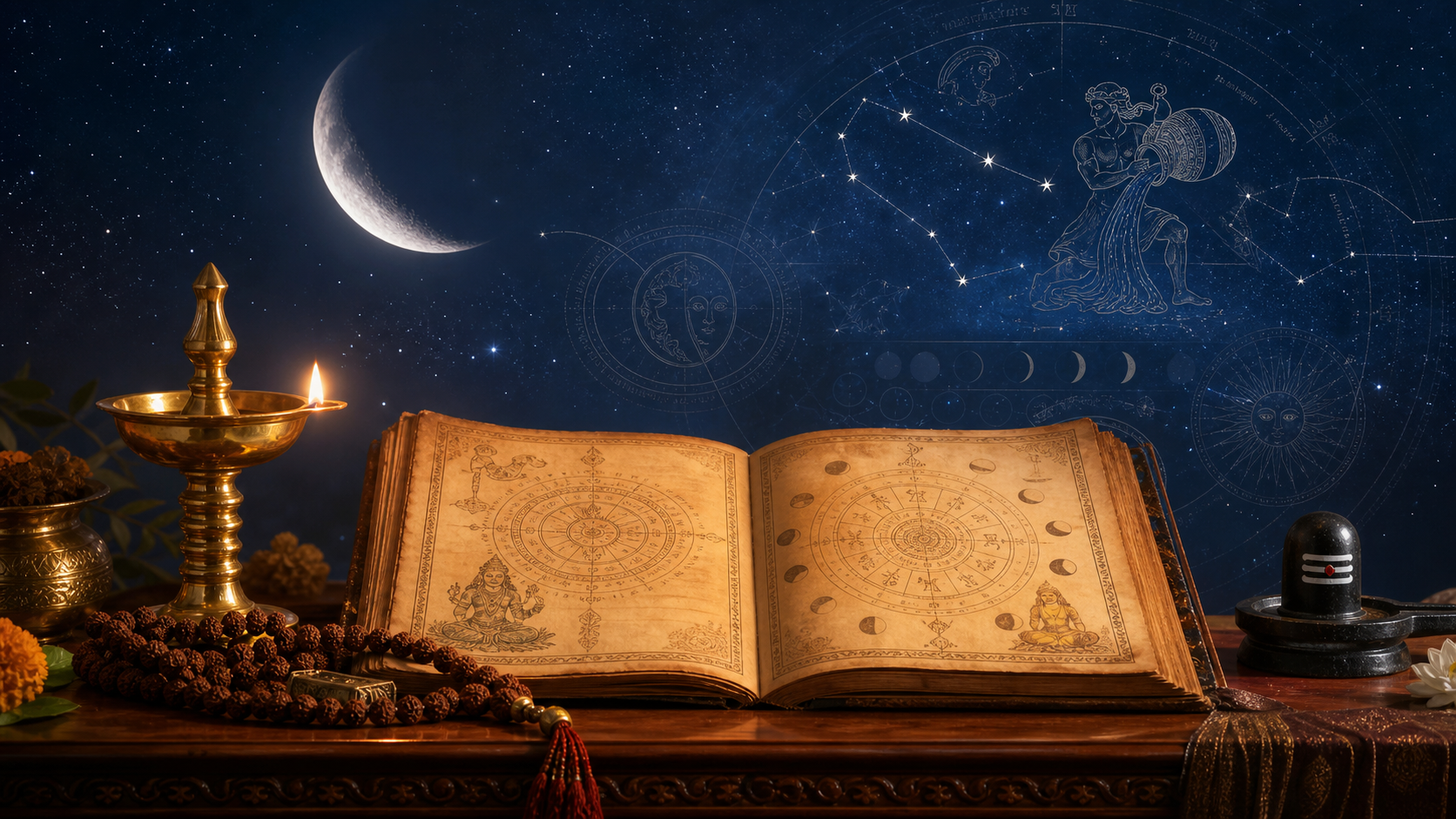 Hindu Panchang manuscript with brass oil lamp, crescent moon, zodiac map, and Shiva lingam for Pradosh worship