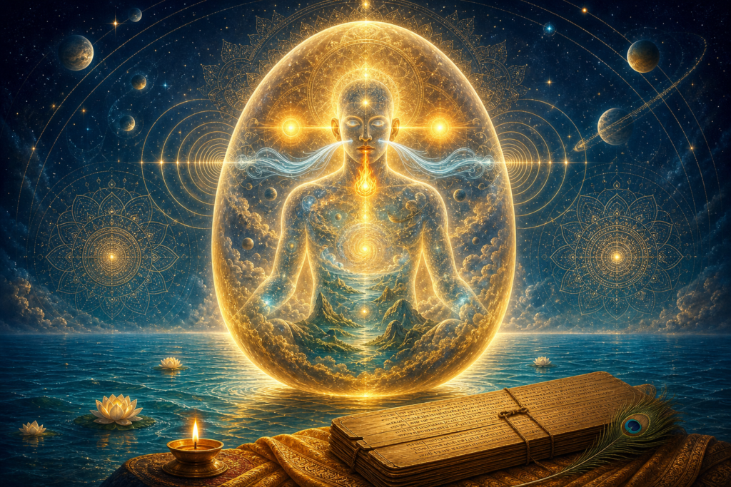 Golden cosmic egg with a serene universal form above causal waters, surrounded by Vedic mandalas, stars, planets, and a palm-leaf scripture.