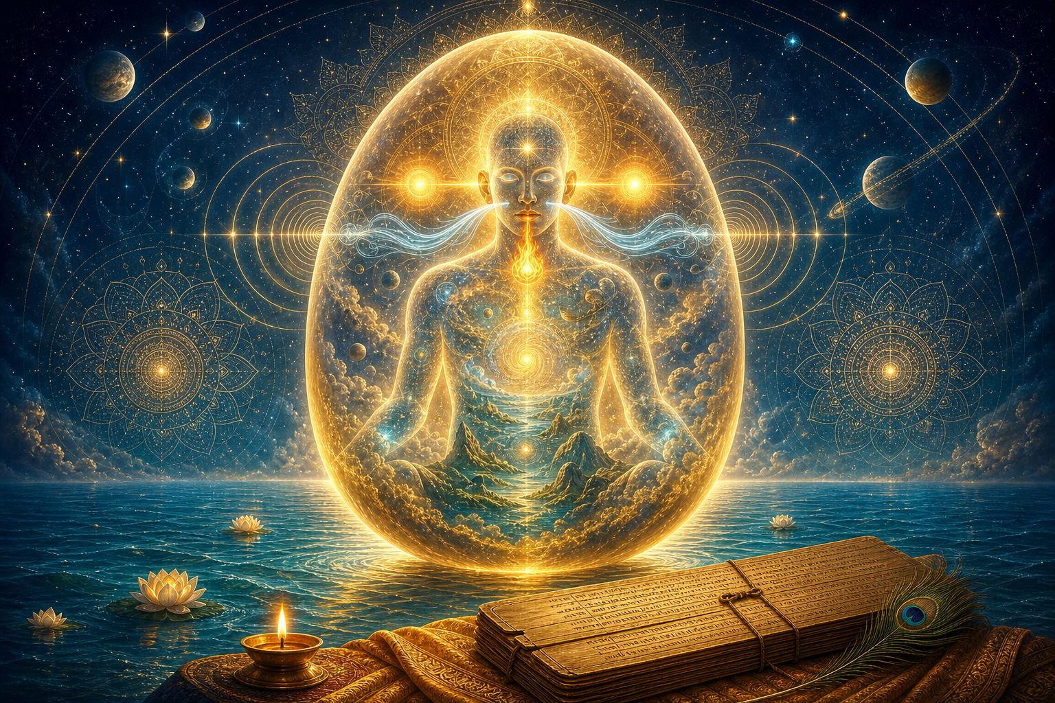 Golden cosmic egg with a serene universal form above causal waters, surrounded by Vedic mandalas, stars, planets, and a palm-leaf scripture.
