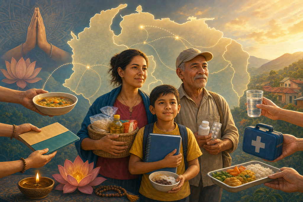Venezuelan family receiving food, water, medicine and education support beneath a glowing map of Venezuela.