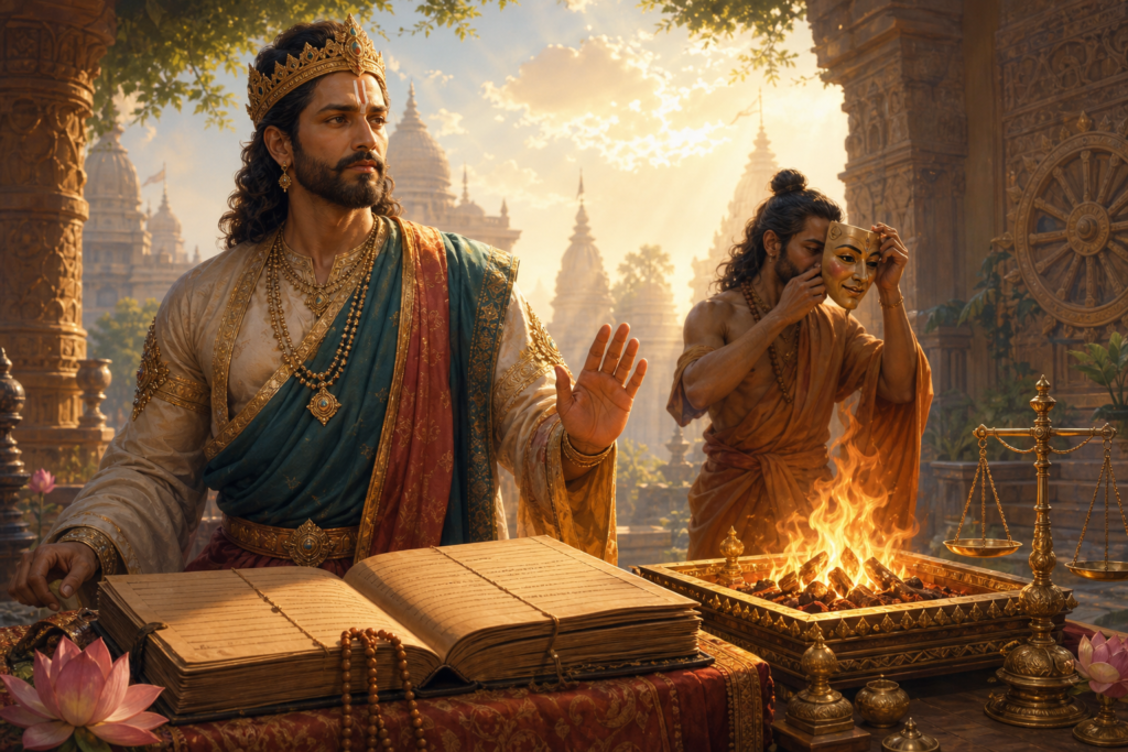 Kingly dharmic guardian beside scripture and sacred fire as a robed figure removes a mask
